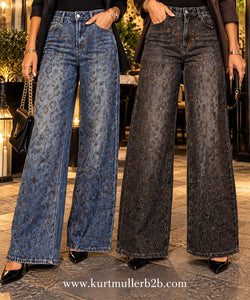 Brown Diamante Embellished Wide Leg Cotton Jeans