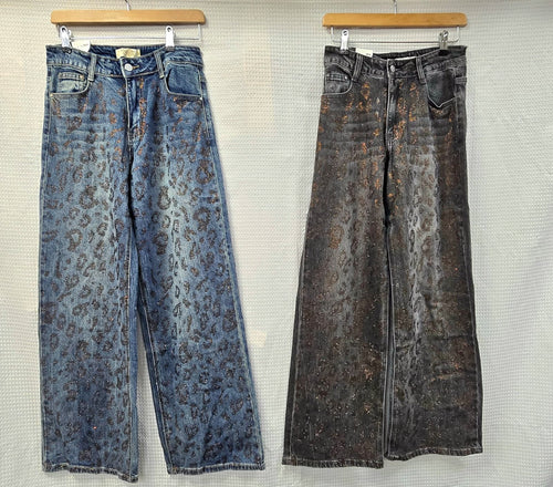 Brown Diamante Embellished Wide Leg Cotton Jeans