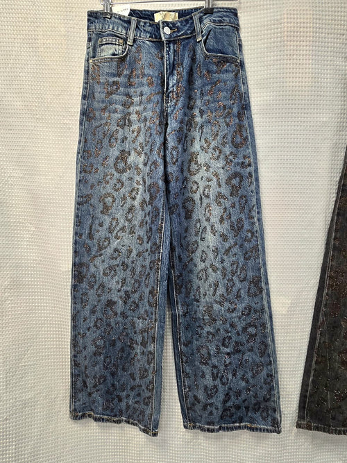 Brown Diamante Embellished Wide Leg Cotton Jeans