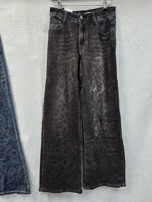 Brown Diamante Embellished Wide Leg Cotton Jeans