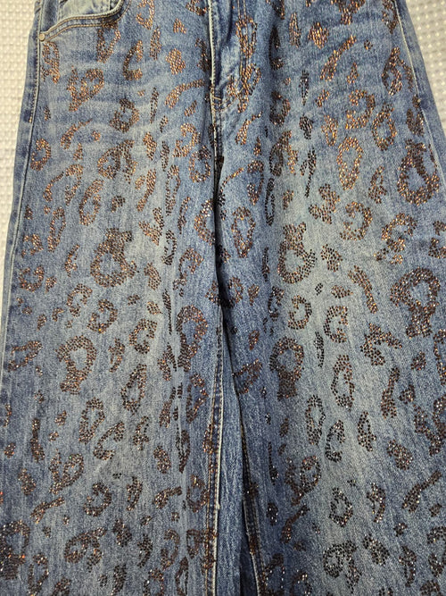 Brown Diamante Embellished Wide Leg Cotton Jeans