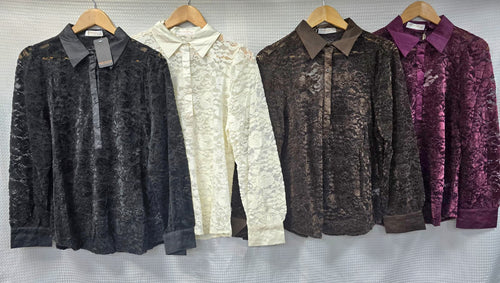 Lace Mesh Velvet Embossed Shirt