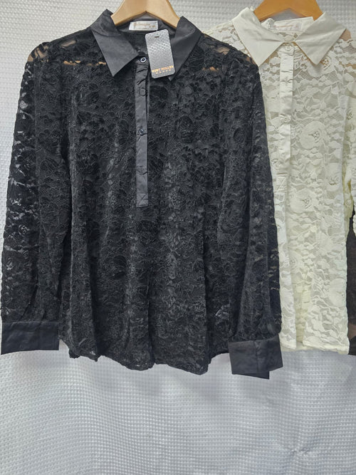 Lace Mesh Velvet Embossed Shirt