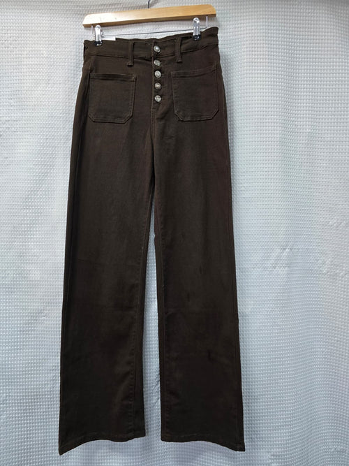 Chocolate Brown Two Front Pocket Crystal Button Wide Leg Voggo Jeans