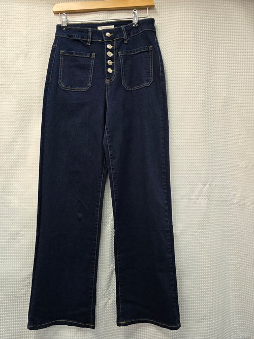 Indigo Wash Two Front Pocket Crystal Button Wide Leg Voggo Jeans