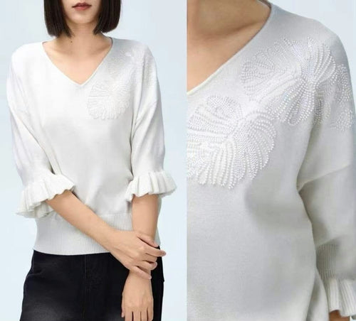 Sequin Palm Frill Sleeve Knit Jumper
