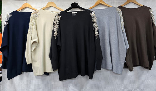 Pearl Sequin Shoulder Relaxed Knit Jumper