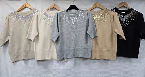 Daisy Sequin Rouched Sleeve Soft Touch Knit