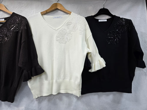 Sequin Palm Frill Sleeve Knit Jumper