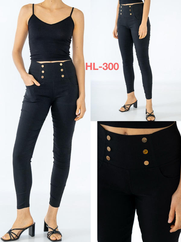 High Waist Gold Button Stretch Trousers