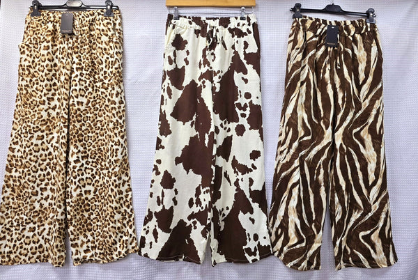 Animal Printed Linen Blend Wide Leg Trousers
