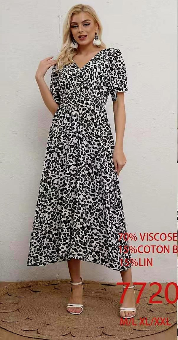 Leopard Print Crossover Double V Tie Back Cotton Linen Dress