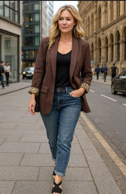 Leopard Trim Turn Up Sleeve Blazer