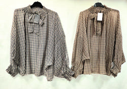 Oversized Drop sleeve BB Check Bow Tencel blouse