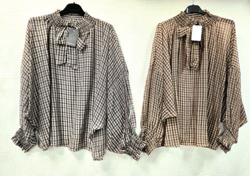 Oversized Drop sleeve BB Check Bow Tencel blouse