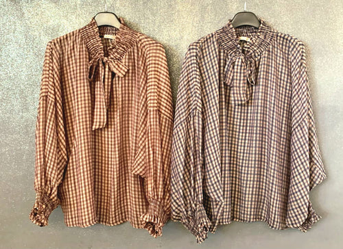 Oversized Drop sleeve BB Check Bow Tencel blouse