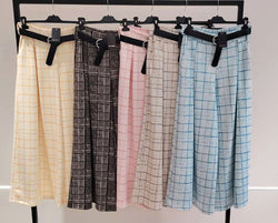 Wide Leg Check Print Scuba Trousers with Black Belt