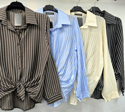 Stripe Tencel Tie Shirt Top