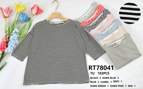Stripe Crew 3/4 sleeve T-shirt Top