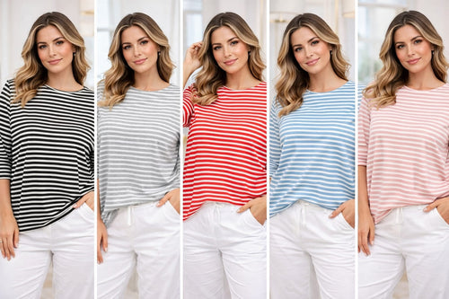 Stripe Crew 3/4 sleeve T-shirt Top
