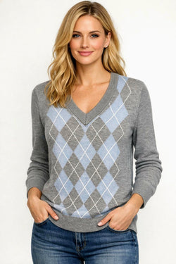 Argyle V Neck Soft Fine Knit