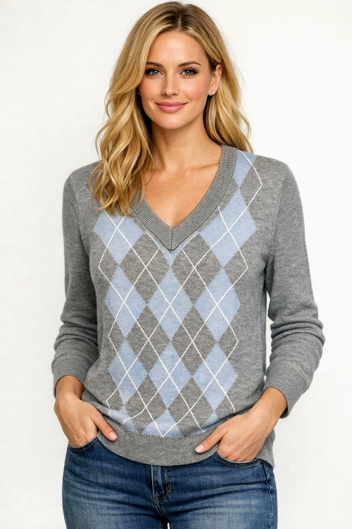 Argyle V Neck Soft Fine Knit