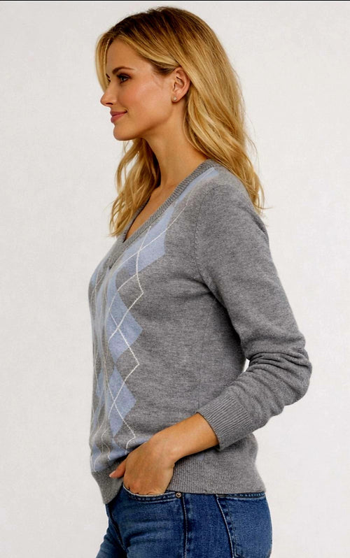 Argyle V Neck Soft Fine Knit