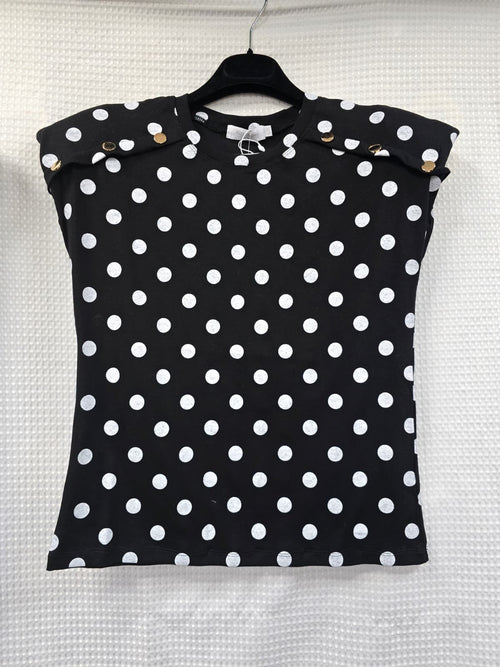 Polka Dot Cotton Gold Button Padded Shoulder T-shirt Top