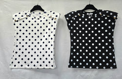 Polka Dot Cotton Gold Button Padded Shoulder T-shirt Top