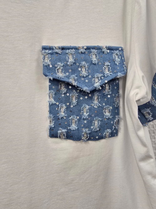 Cotton Sequin Denim Pocket T-shirt