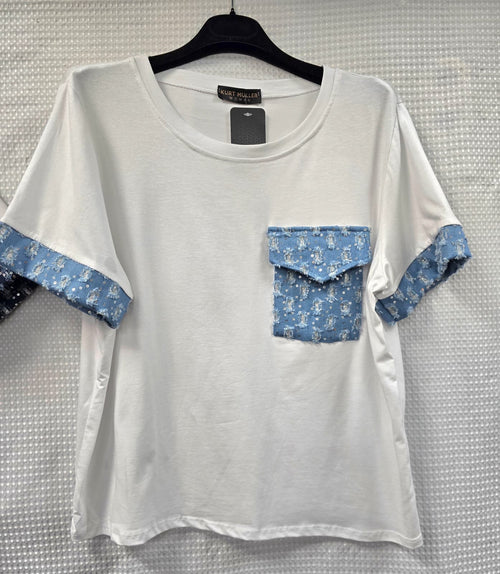 Cotton Sequin Denim Pocket T-shirt