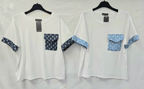 Cotton Sequin Denim Pocket T-shirt