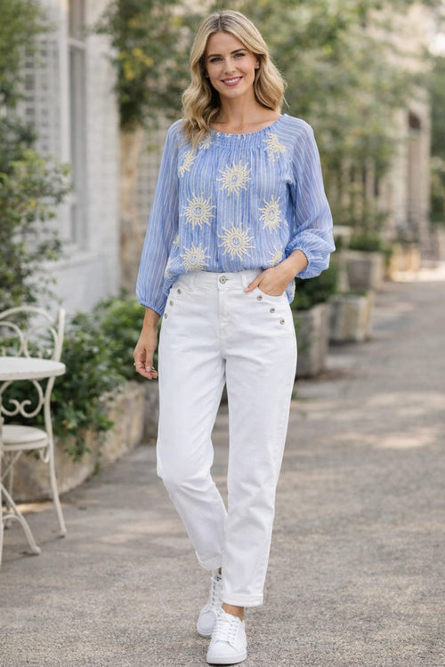 Sun Crochet Embroidery Stripe Blouse