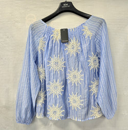 Sun Crochet Embroidery Stripe Blouse