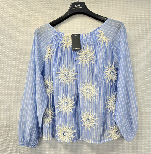 Sun Crochet Embroidery Stripe Blouse