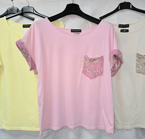 Sequin Trim Short Sleeve Top