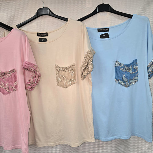 Sequin Trim Short Sleeve Top