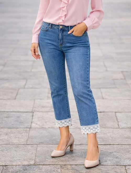 Lace Embroidery Hem Voggo Ankle Grazer Jeans