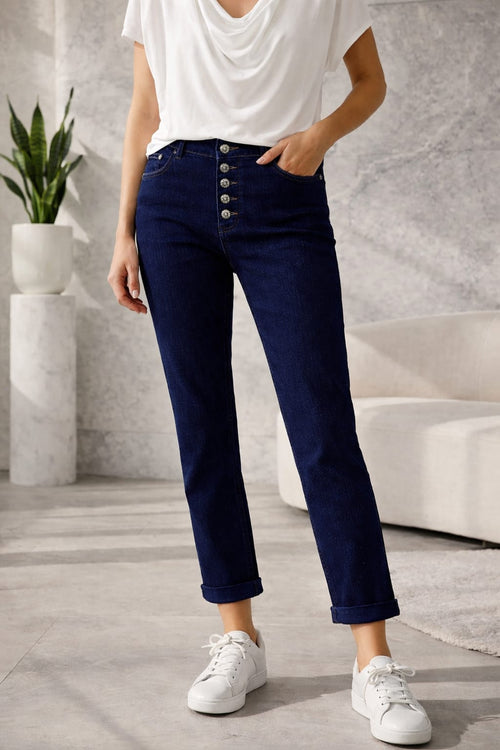 Navy Silver Button Embellished Turn Up Hem Voggo Ankle Grazer Jeans