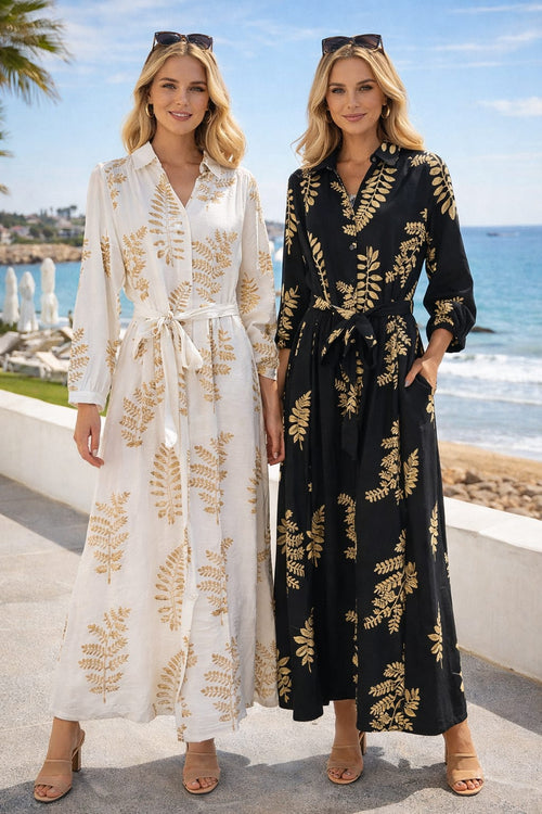 Palm Linen Look Button Belted Embroidery Shirt Dress