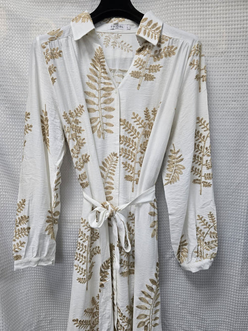 Palm Linen Look Button Belted Embroidery Shirt Dress