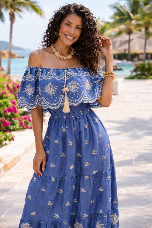 Crochet Cotton Bardot embroidered Maxi Dress