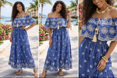 Crochet Cotton Bardot embroidered Maxi Dress