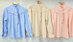 Ruffle Mandarin Cotton Check Blouse