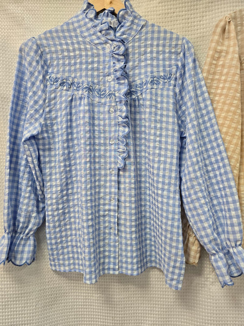Ruffle Mandarin Cotton Check Blouse