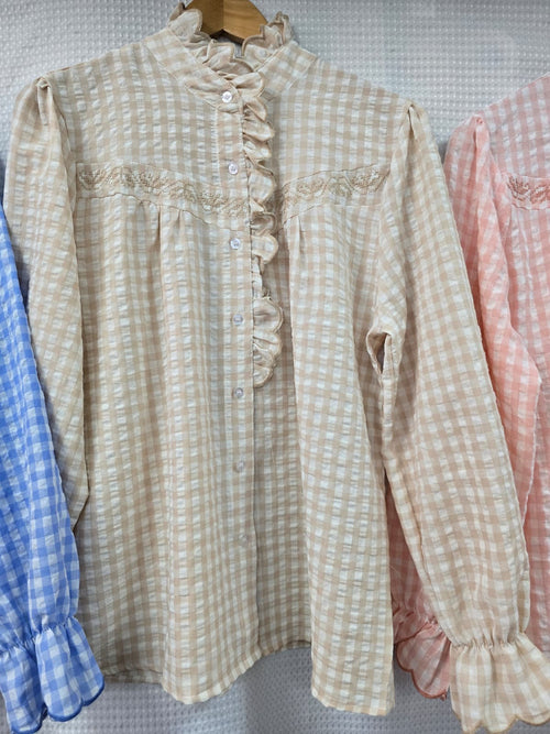 Ruffle Mandarin Cotton Check Blouse