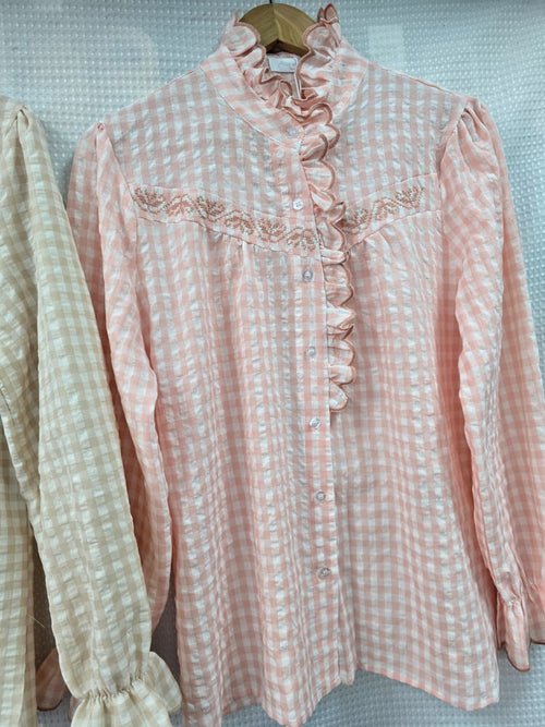 Ruffle Mandarin Cotton Check Blouse