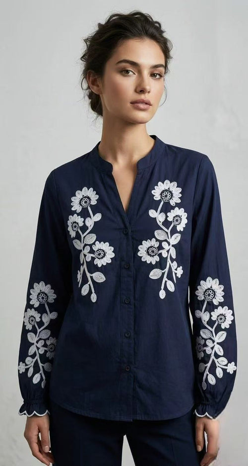 Cotton Daisy Embroidery Long sleeve Blouse