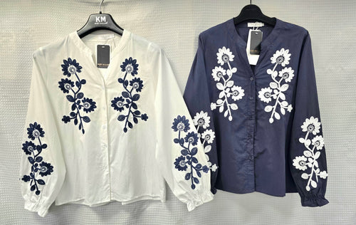 Cotton Daisy Embroidery Long sleeve Blouse