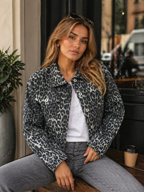 Grey Leopard Print Denim Cotton Stretch Jacket